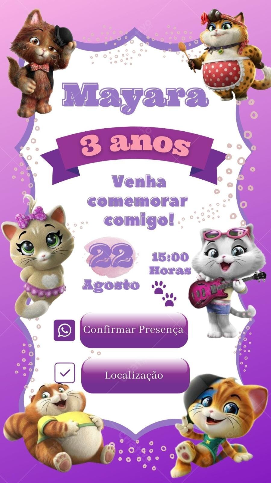 Convite Aniversário Infantil Gatinhos fofos Lilás Editável no Canva