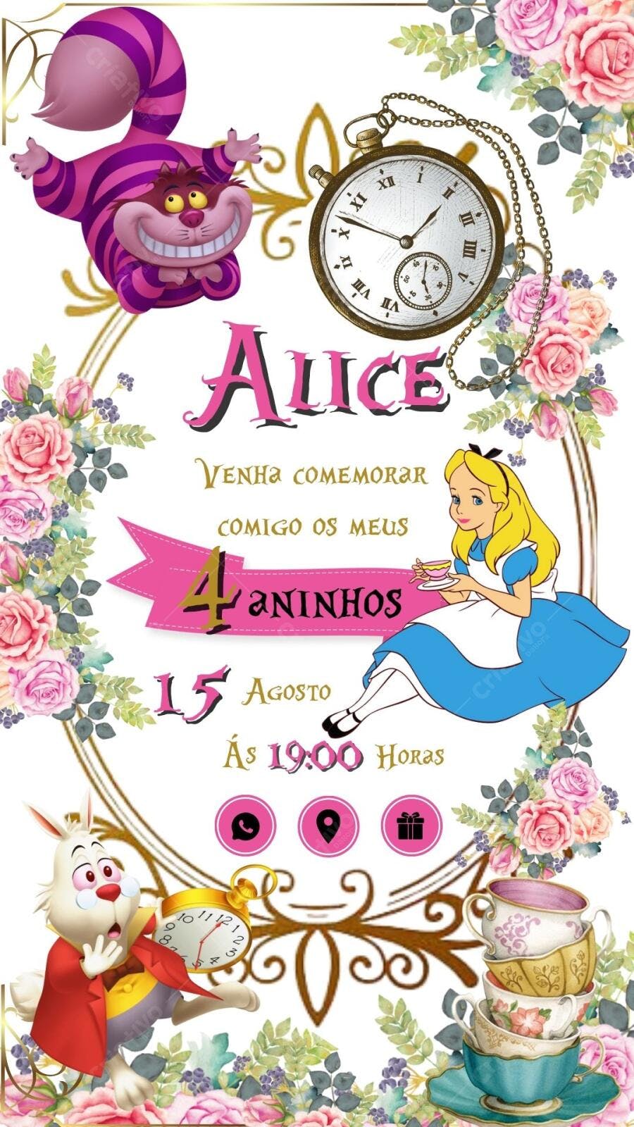 Convite Aniversário Alice no País das Maravilhas Rosa e Dourado Editável no Canva