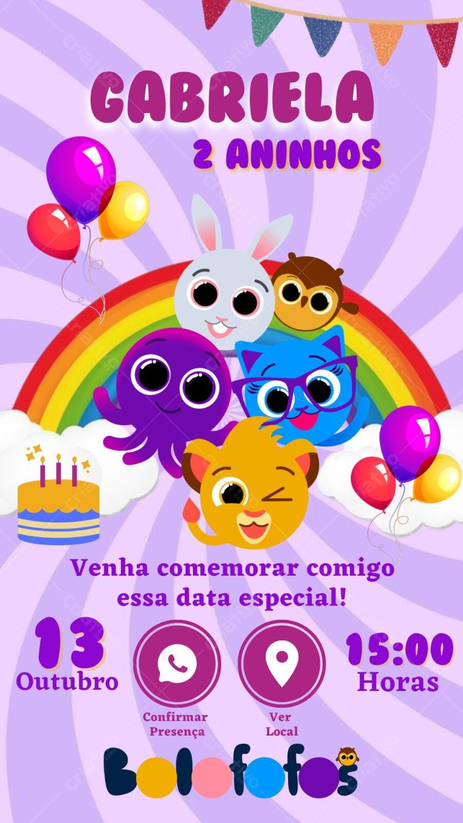 Convite Aniversário Infantil Bolo fofos Arco-íris Editável no Canva