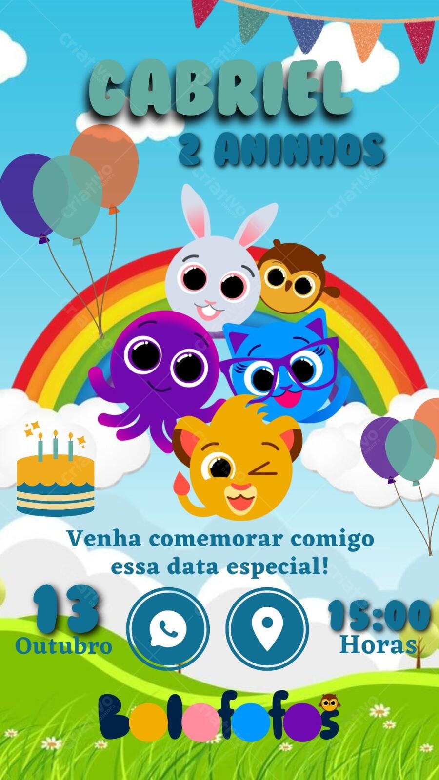 Convite de Aniversário Infantil Animais Arco-íris Editável no Canva