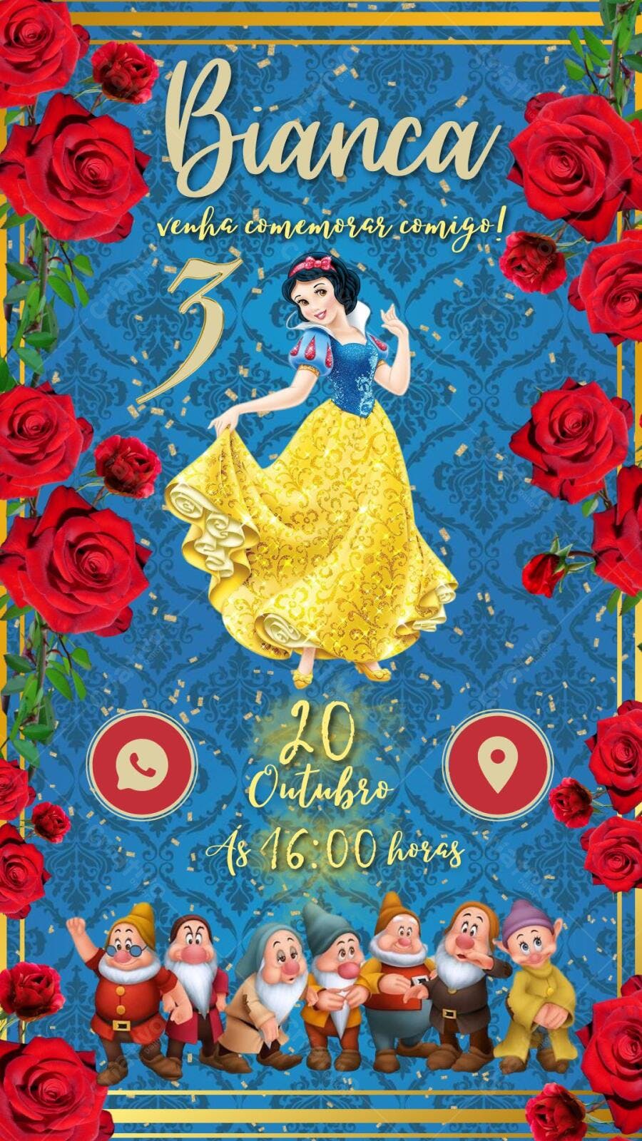 Convite de Aniversário Branca de Neve tema Royal azul e dourado Editável no Canva
