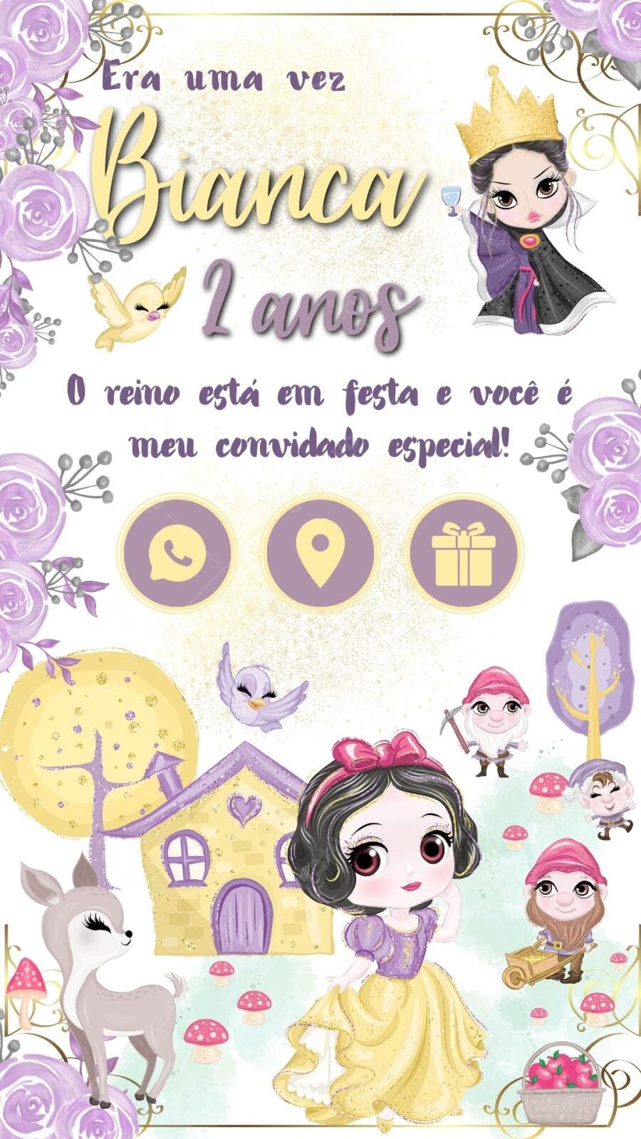Convite de Aniversário Branca de Neve Chibi Editável no Canva