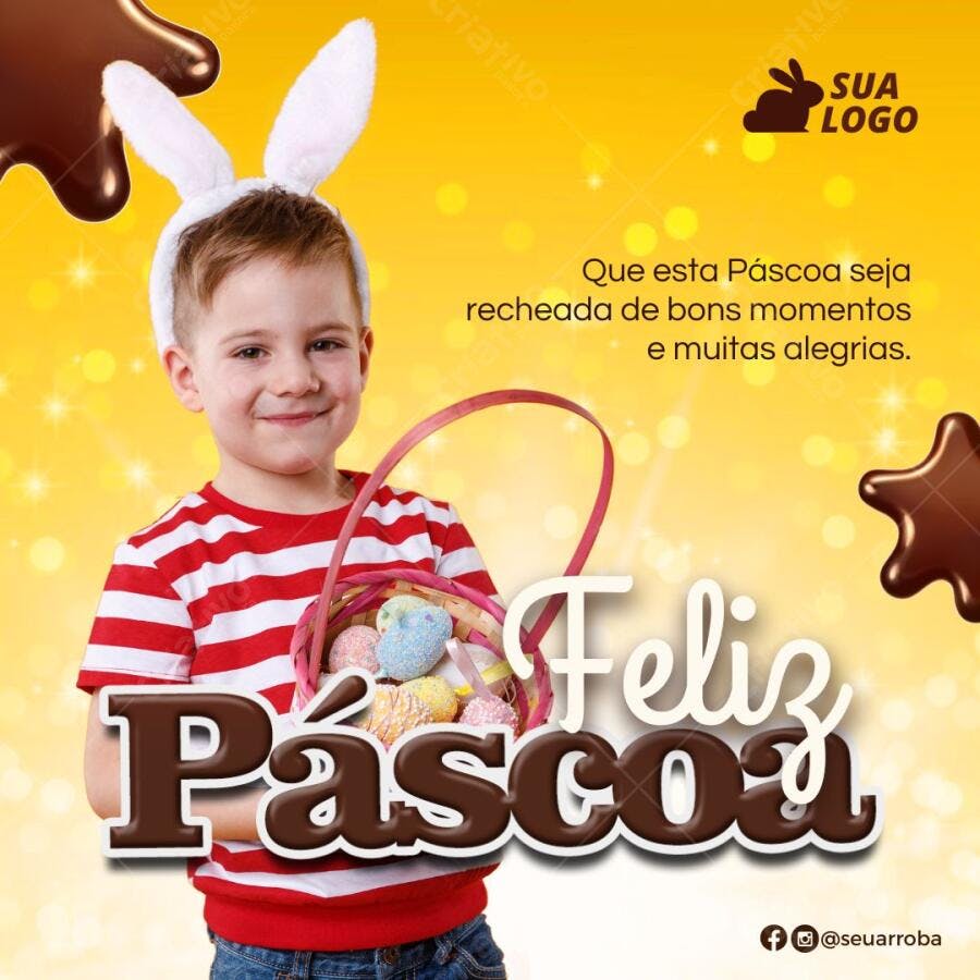 Post Instagram Páscoa infantil com coelhinho e ovos Editável no Canva