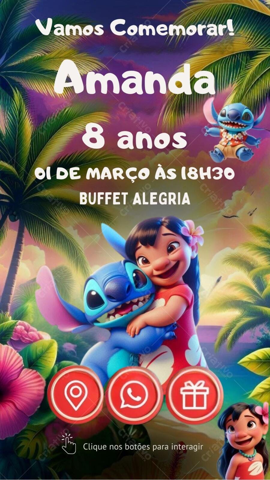 Convite de Aniversário Infantil Stitch e Lilo Editável no Canva