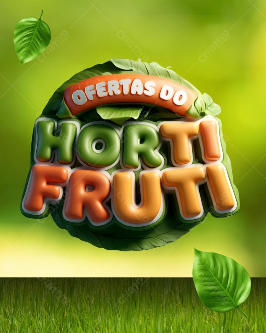 Banner Ofertas HortiFruti com letras 3D verdes e laranjas Editável no Canva