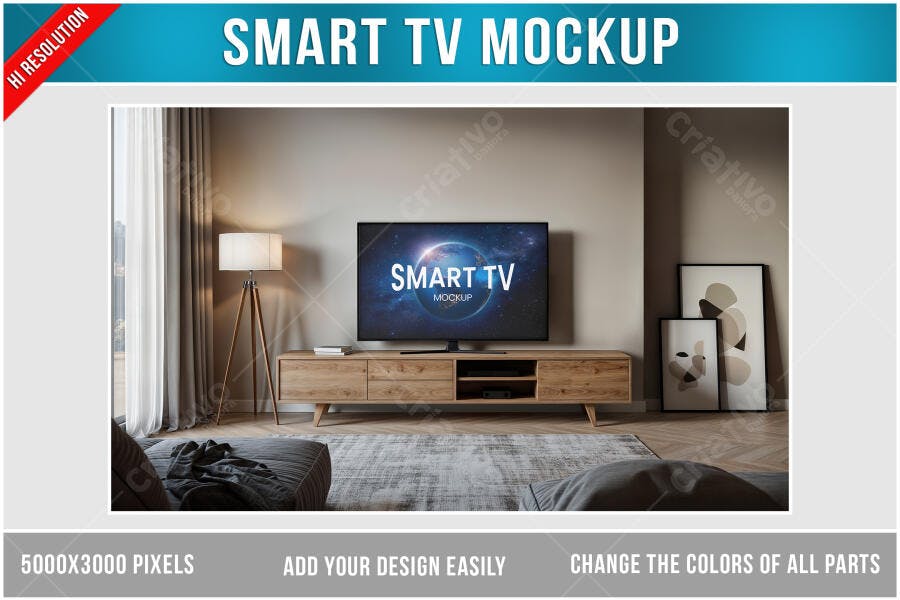 Mockup Smart TV em Sala Moderna com Tons Terrosos