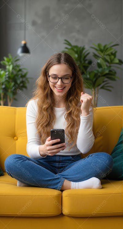 Uma jovem sentada de pernas cruzadas em um sofá cor de mostarda sorrindo feliz enquanto olha para seu smartphone