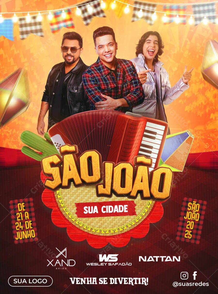 Flyer Festa Junina com Xand Avião, Wesley Safadão e Nattan PSD Editável