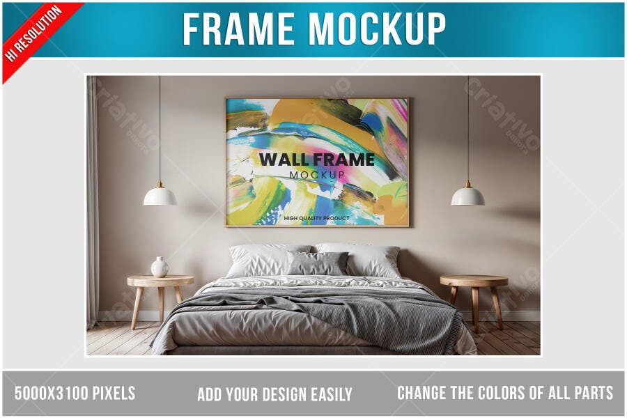 Mockup de Moldura de Parede com Arte Abstrata em Quarto