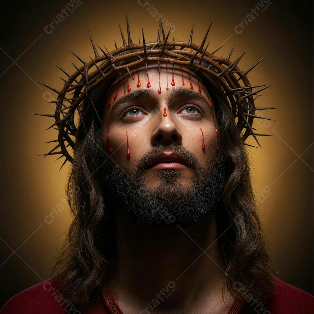 Jesus cristo com coroa de espinhos olhando para cima contra uma luz de fundo