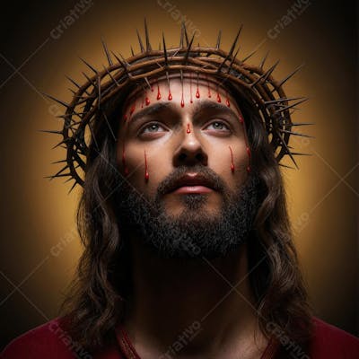 Jesus cristo com coroa de espinhos olhando para cima contra uma luz de fundo