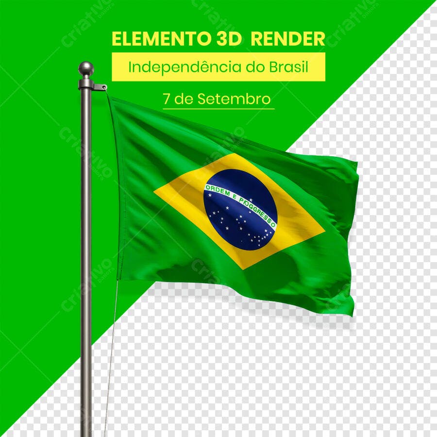 Elemento 3D Render Bandeira do Brasil 7 de Setembro PSD Editável