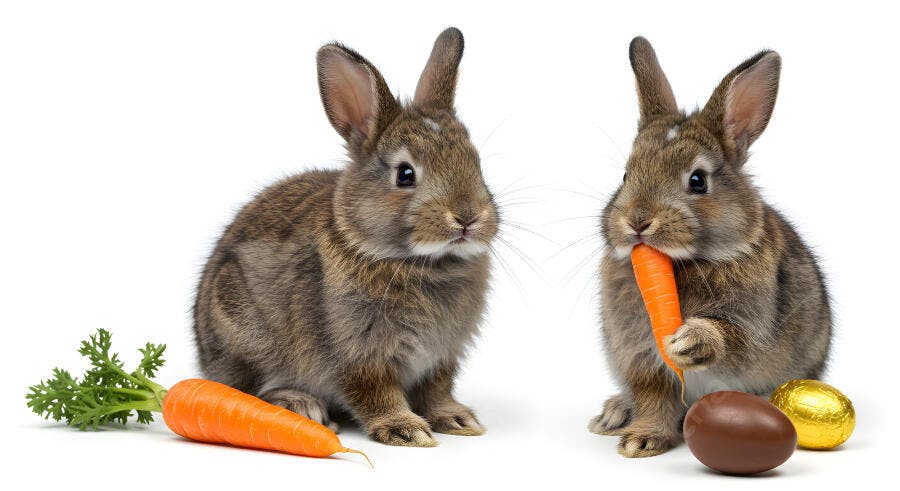 Coelhos marrons com cenoura e ovos de Páscoa
