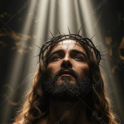 Close de Jesus Cristo de frente olhando para cima