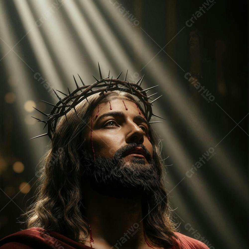 Close de Jesus Cristo de lado olhando para cima