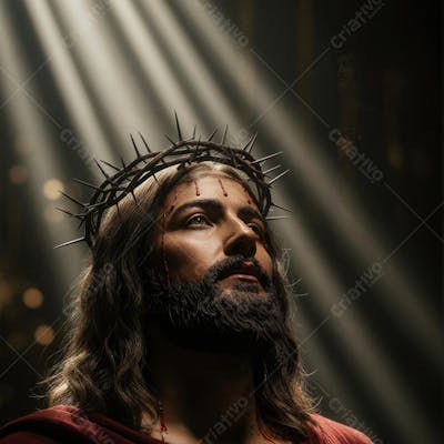 Close de Jesus Cristo de lado olhando para cima