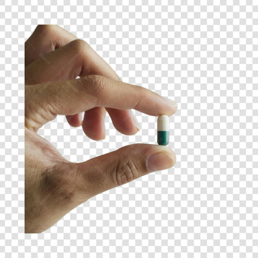Imagem PNG mão segurando cápsula médica com fundo transparente