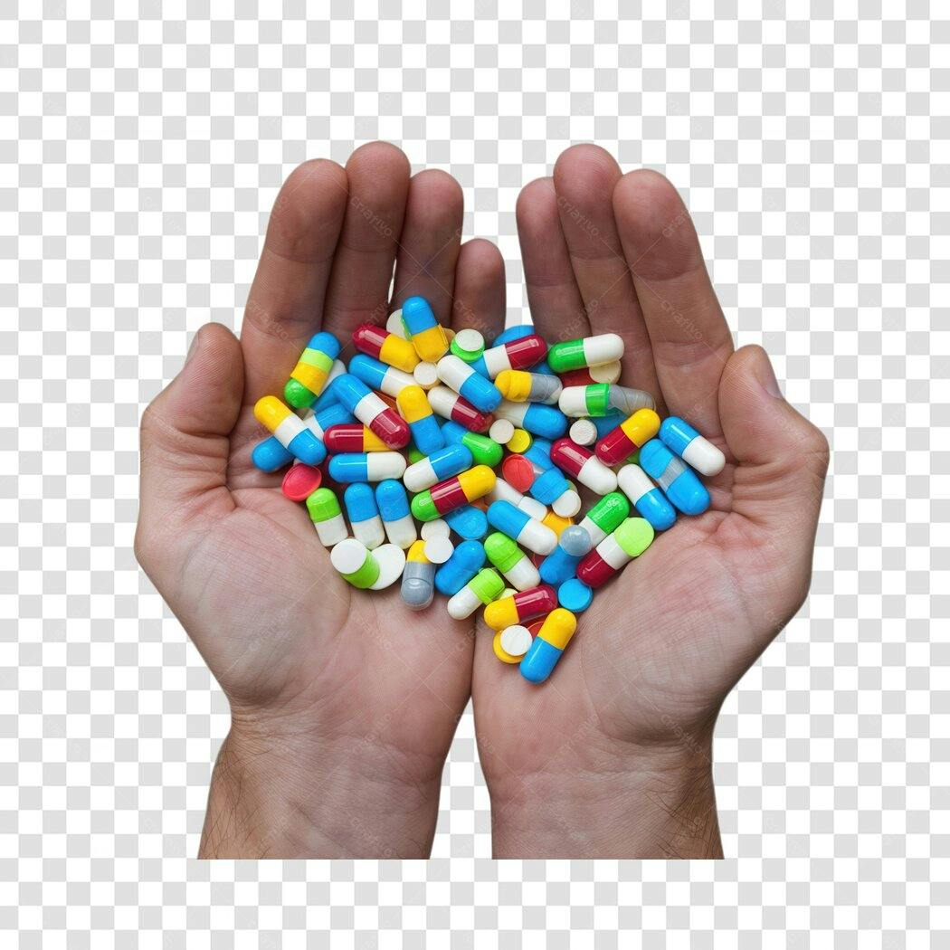Imagem PNG Mãos com Comprimidos Coloridos com fundo transparente