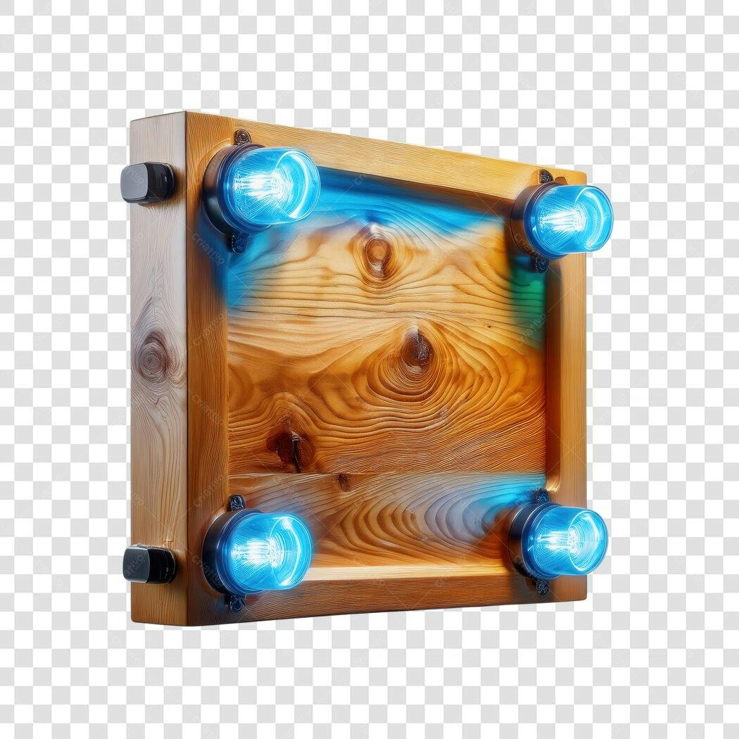 Banner de madeira com lâmpadas azuis PNG com fundo transparente