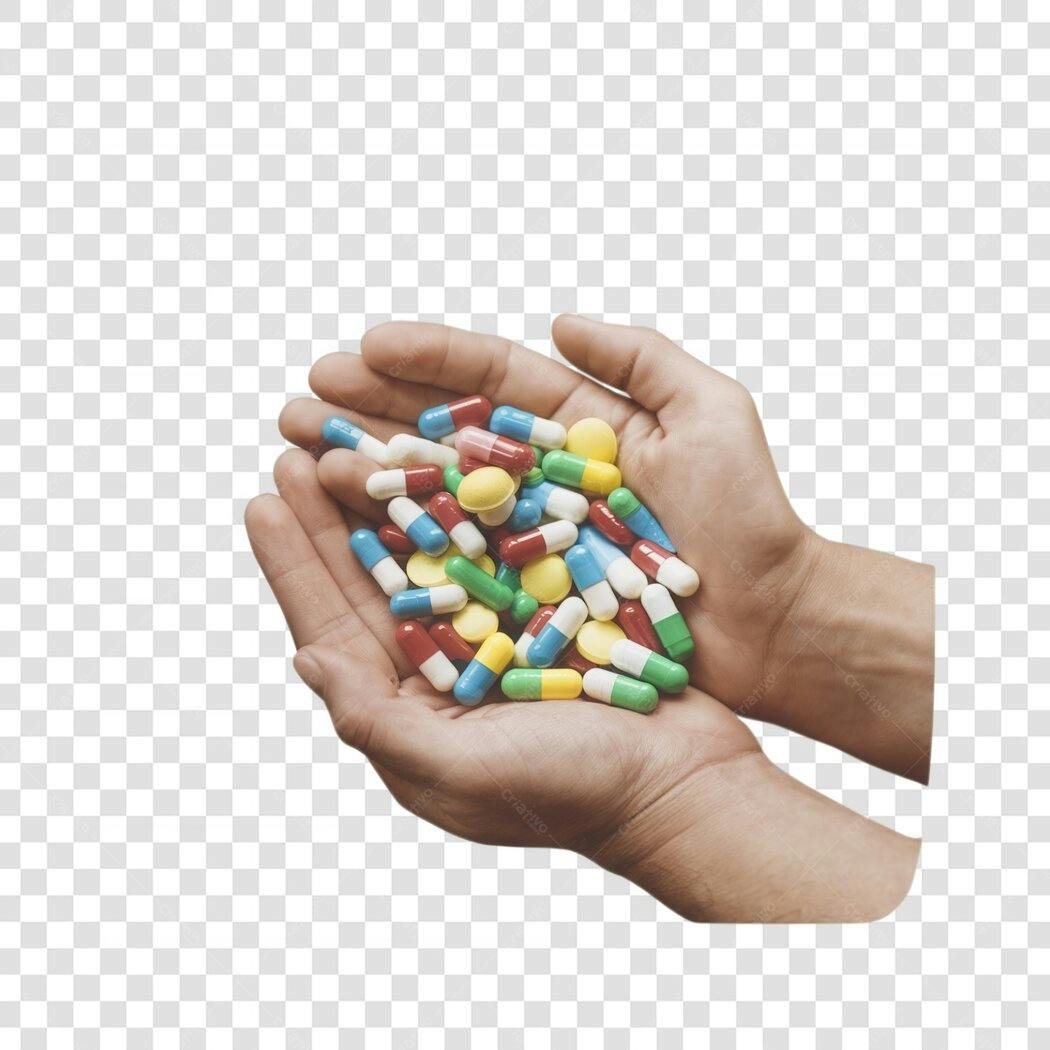 Imagem PNG de mãos com comprimidos coloridos fundo transparente