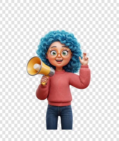 Personagem 3D mulher com cabelo azul, blusa rosa e calça jeans segurando megafone amarelo png transparente