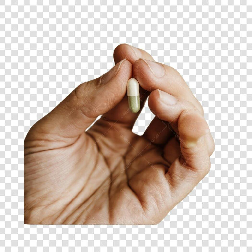 Imagem PNG mão segurando cápsula médica com fundo transparente