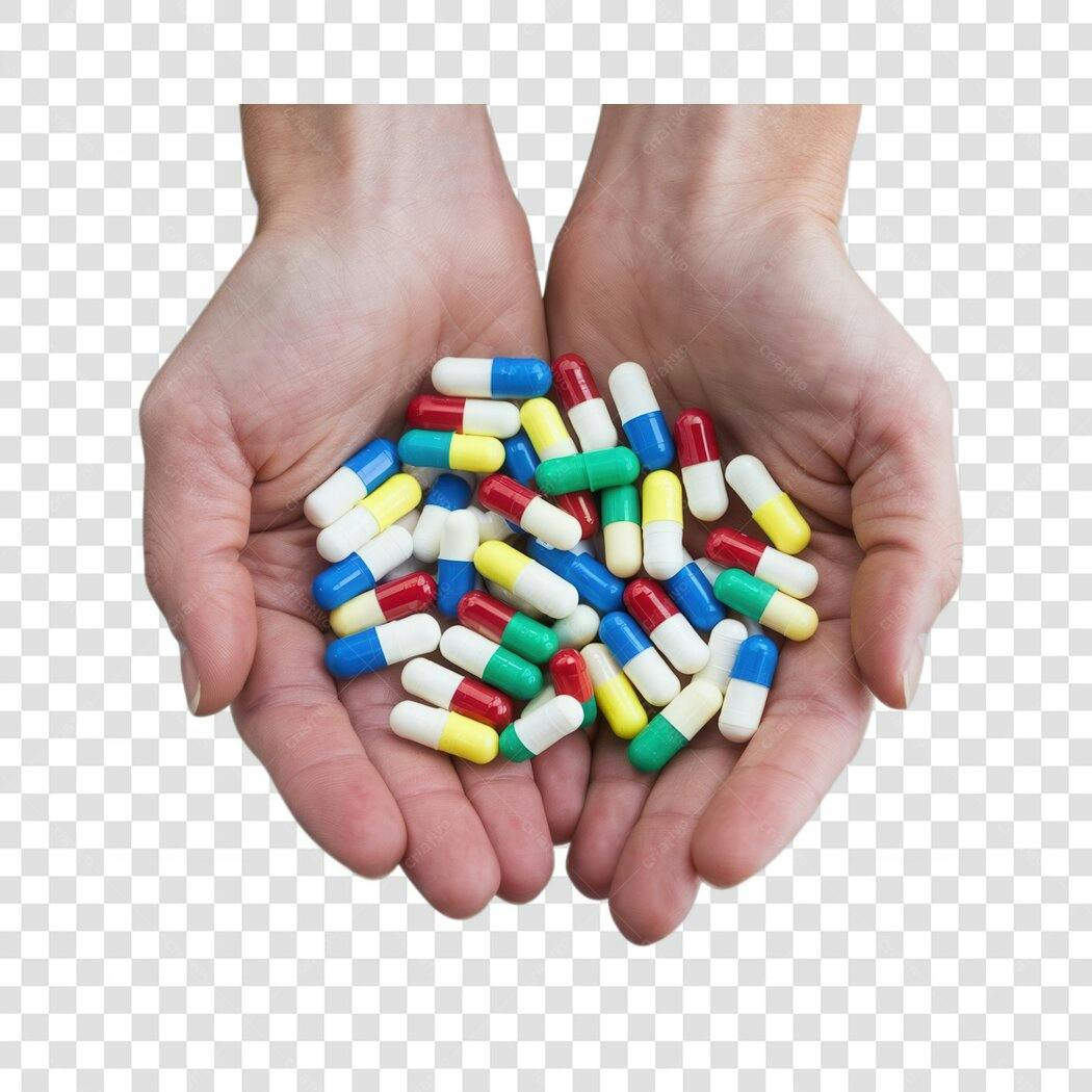 Imagem PNG Mãos com Comprimidos coloridos fundo transparente