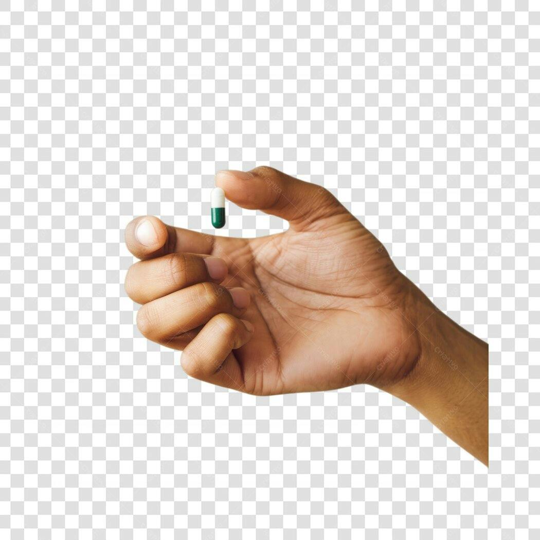 PNG mão segurando comprimido verde e branco com fundo transparente