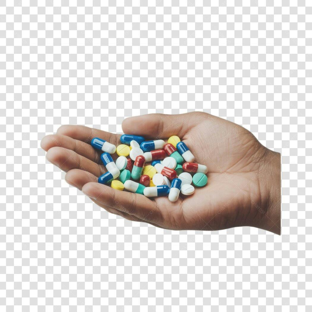 Imagem PNG mão com comprimidos coloridos fundo transparente