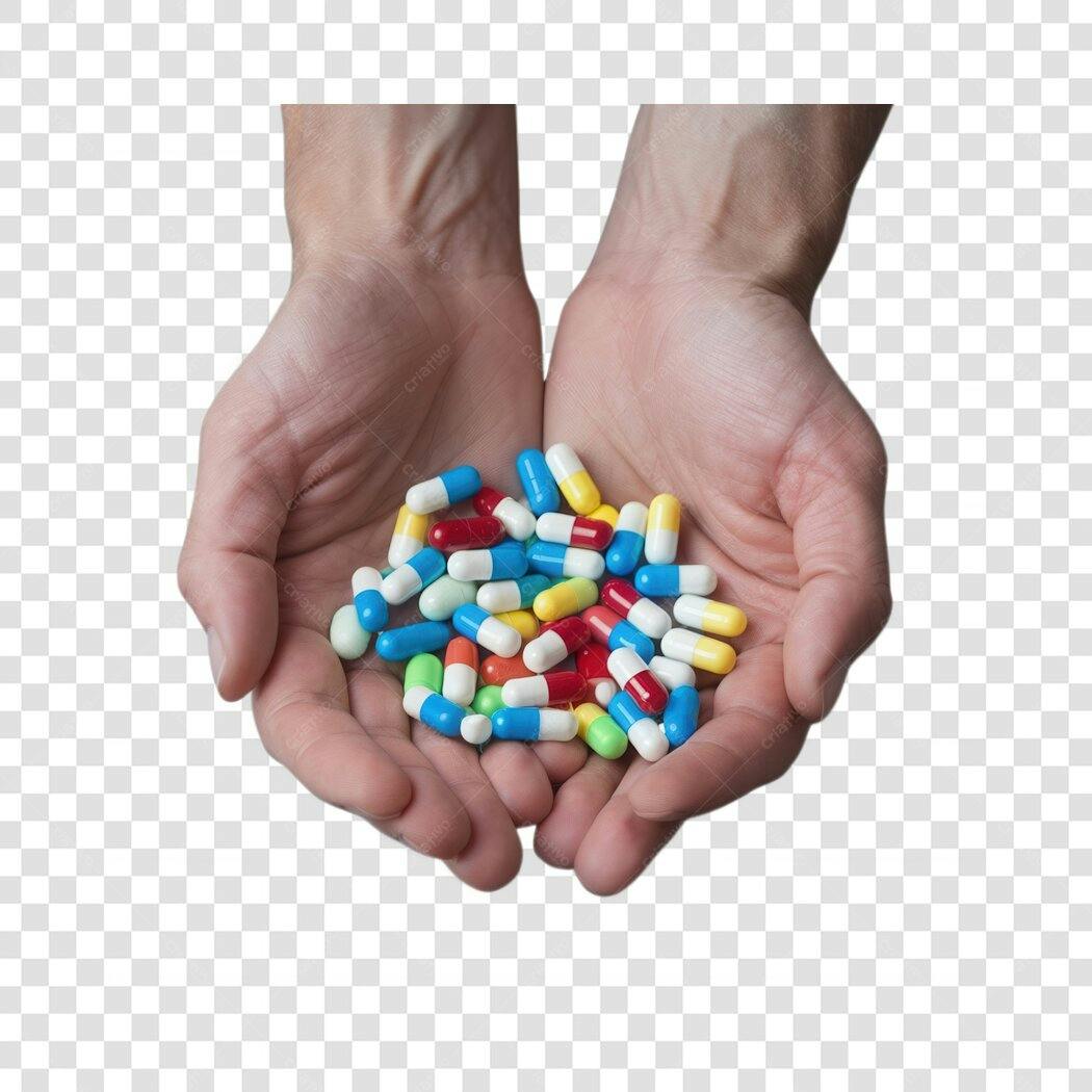 Imagem PNG de mãos com comprimidos coloridos fundo transparente
