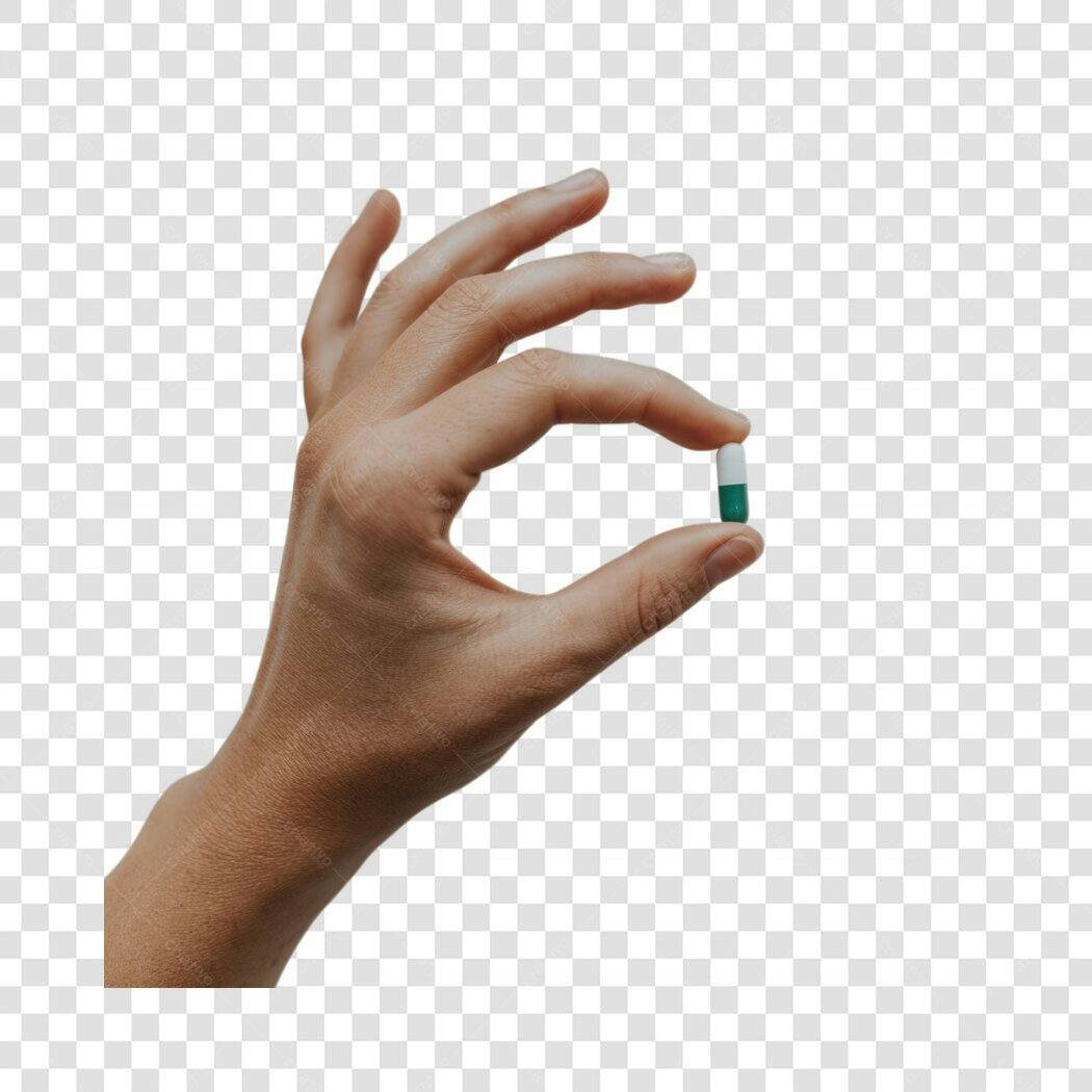 Imagem PNG mão segurando comprimido branco e verde com fundo transparente