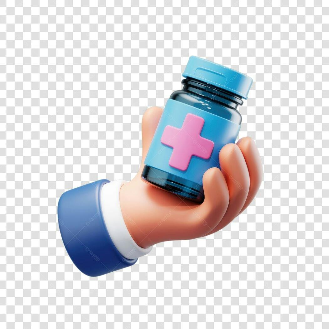 Ilustração mão segurando frasco remédio PNG com fundo transparente