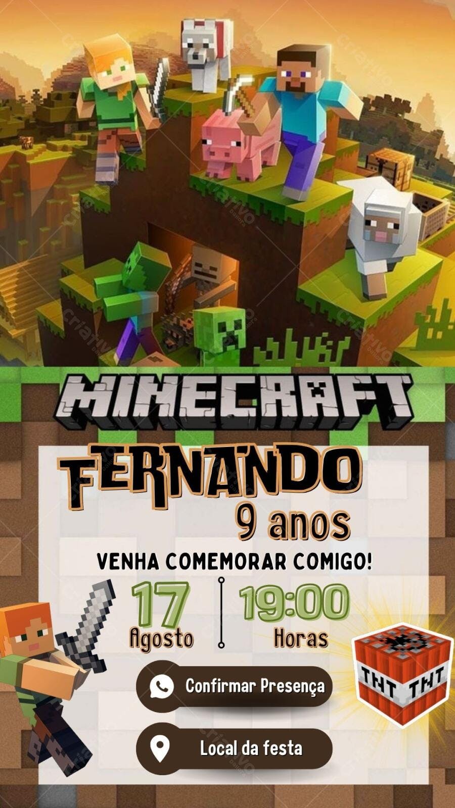 Convite de Aniversário Minecraft Aventura Editável no Canva