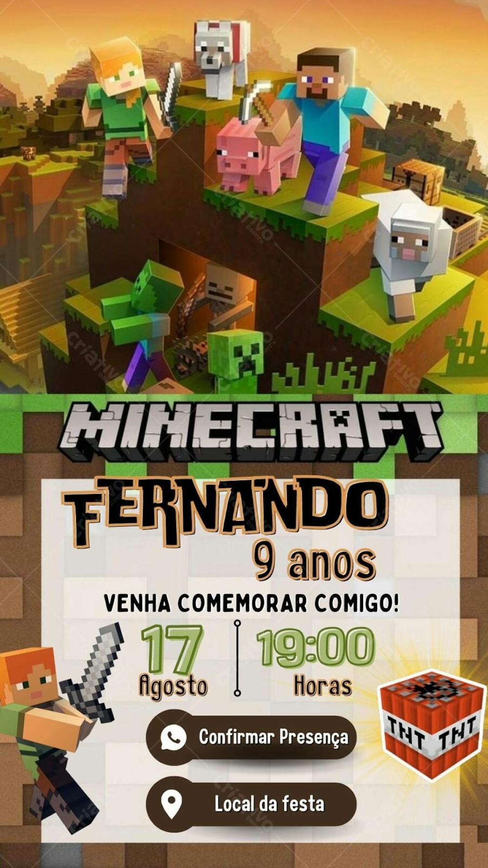 convite infantil Minecraft