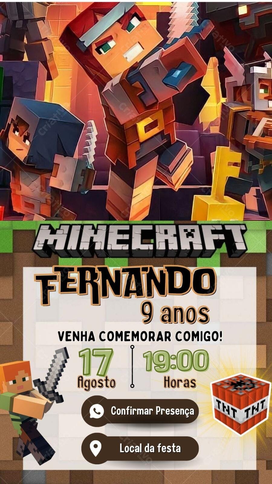 Convite de Aniversário Minecraft Aventura Editável no Canva