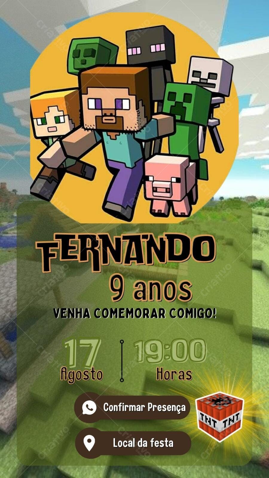 Convite de aniversário infantil Minecraft Editável no Canva