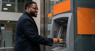 Homem afrodescendente está sorridente ao solicitar empréstimo no banco