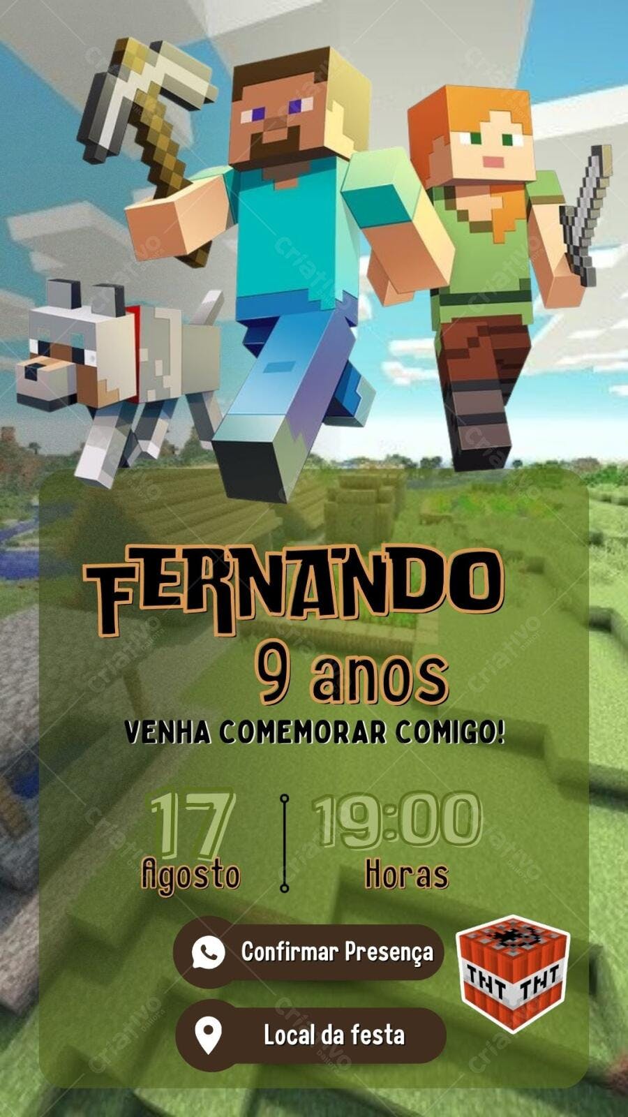 Convite Festa Minecraft com Steve e Alex Editável no Canva