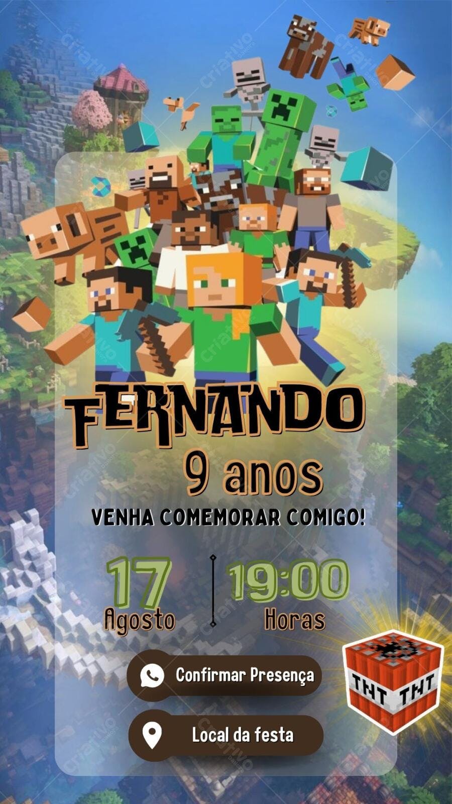 Convite Festa Minecraft com Personagens Editável no Canva