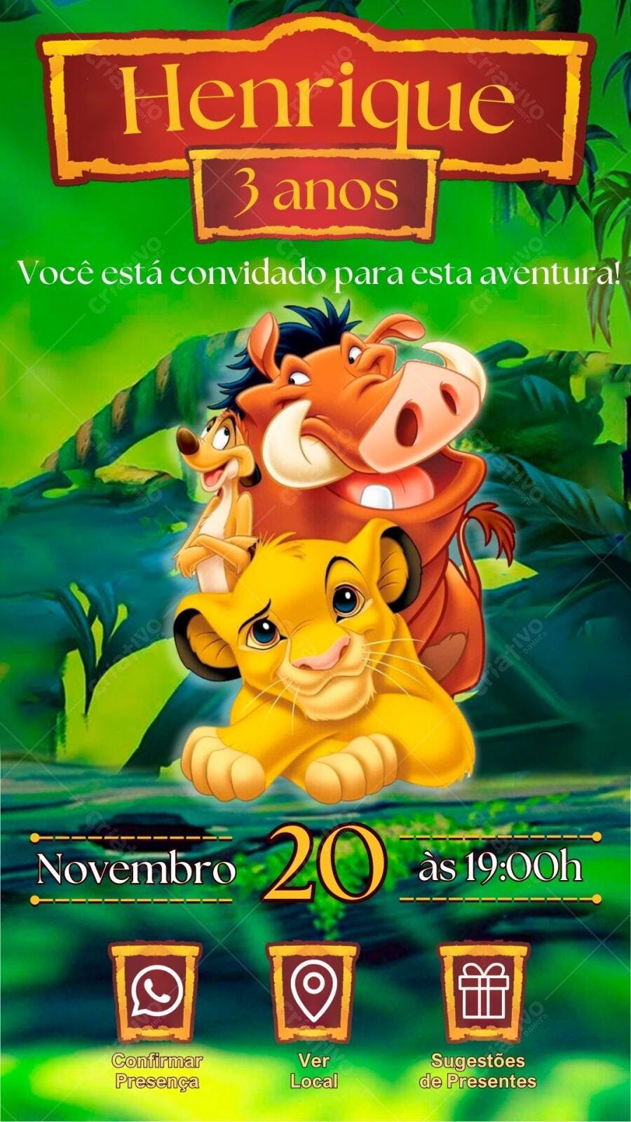 Convite de Aniversário Infantil Rei Leão Editável no Canva