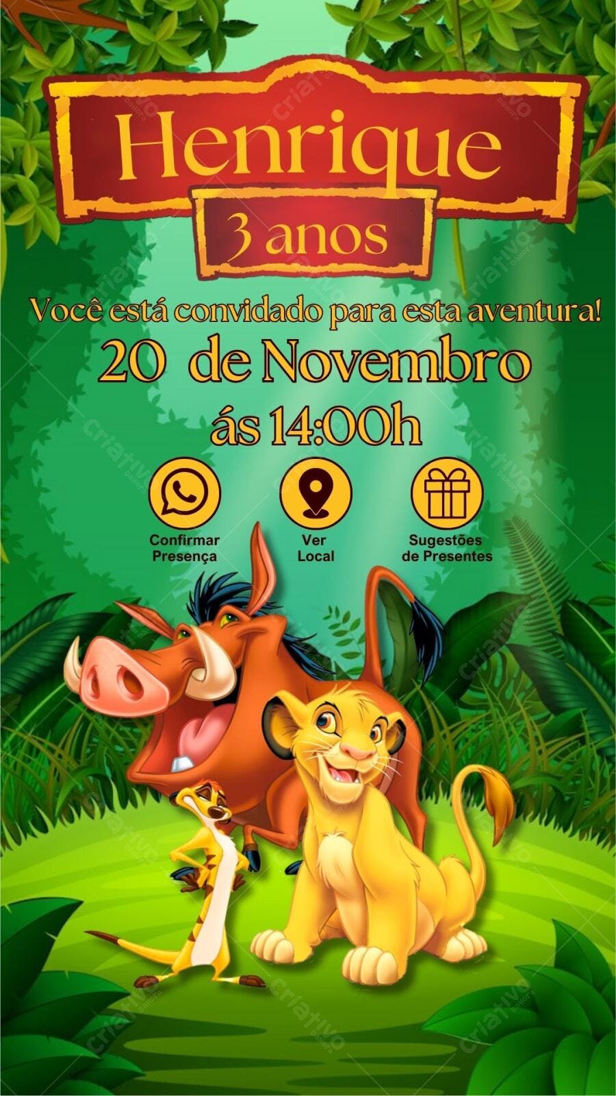 Convite de Aniversário Infantil Rei Leão Editável no Canva