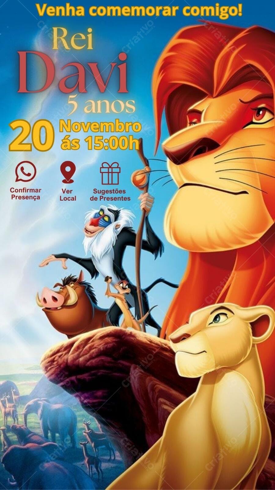 Convite de Aniversário Infantil Rei Leão Editável no Canva