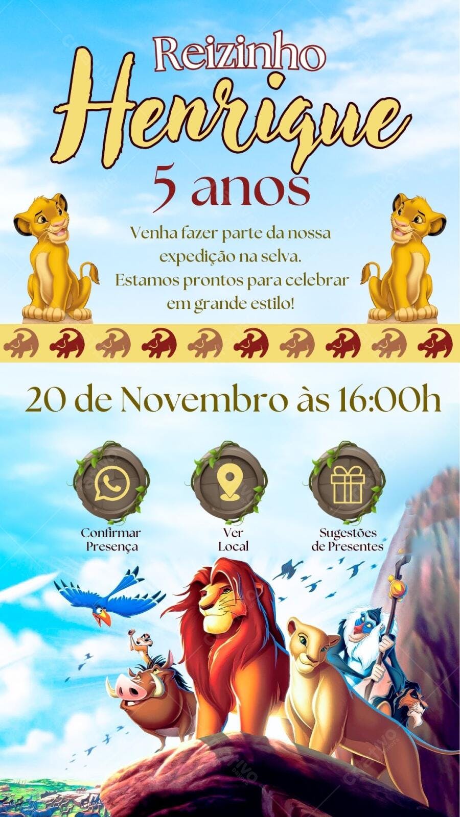 Convite de Aniversário Infantil Rei Leão Editável no Canva