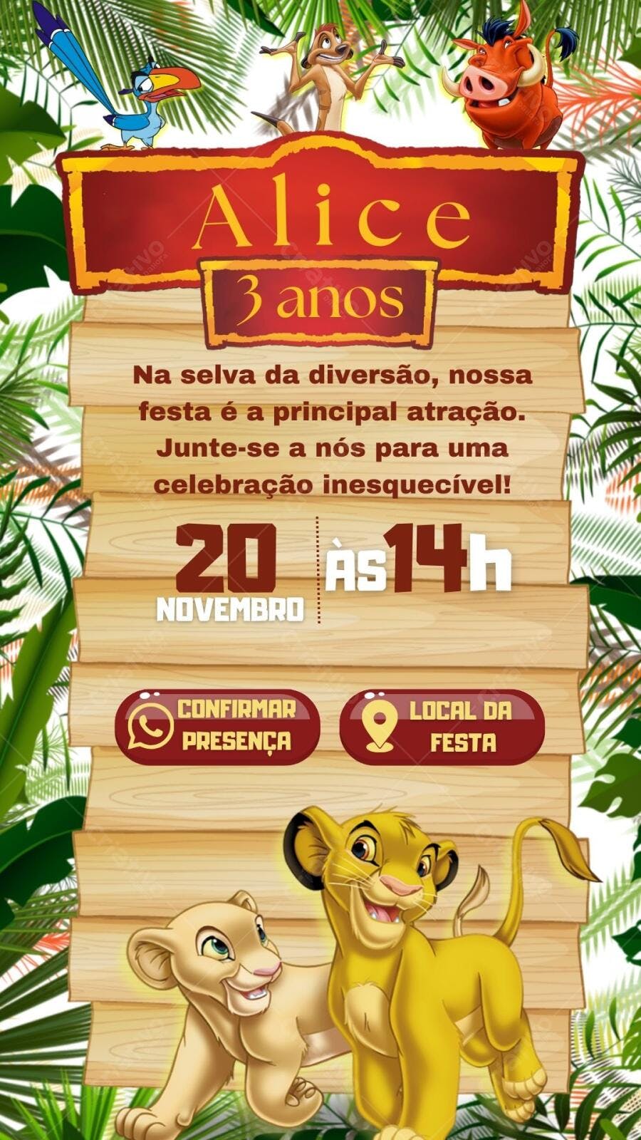 Convite Aniversário Infantil Tema Rei Leão Editável no Canva