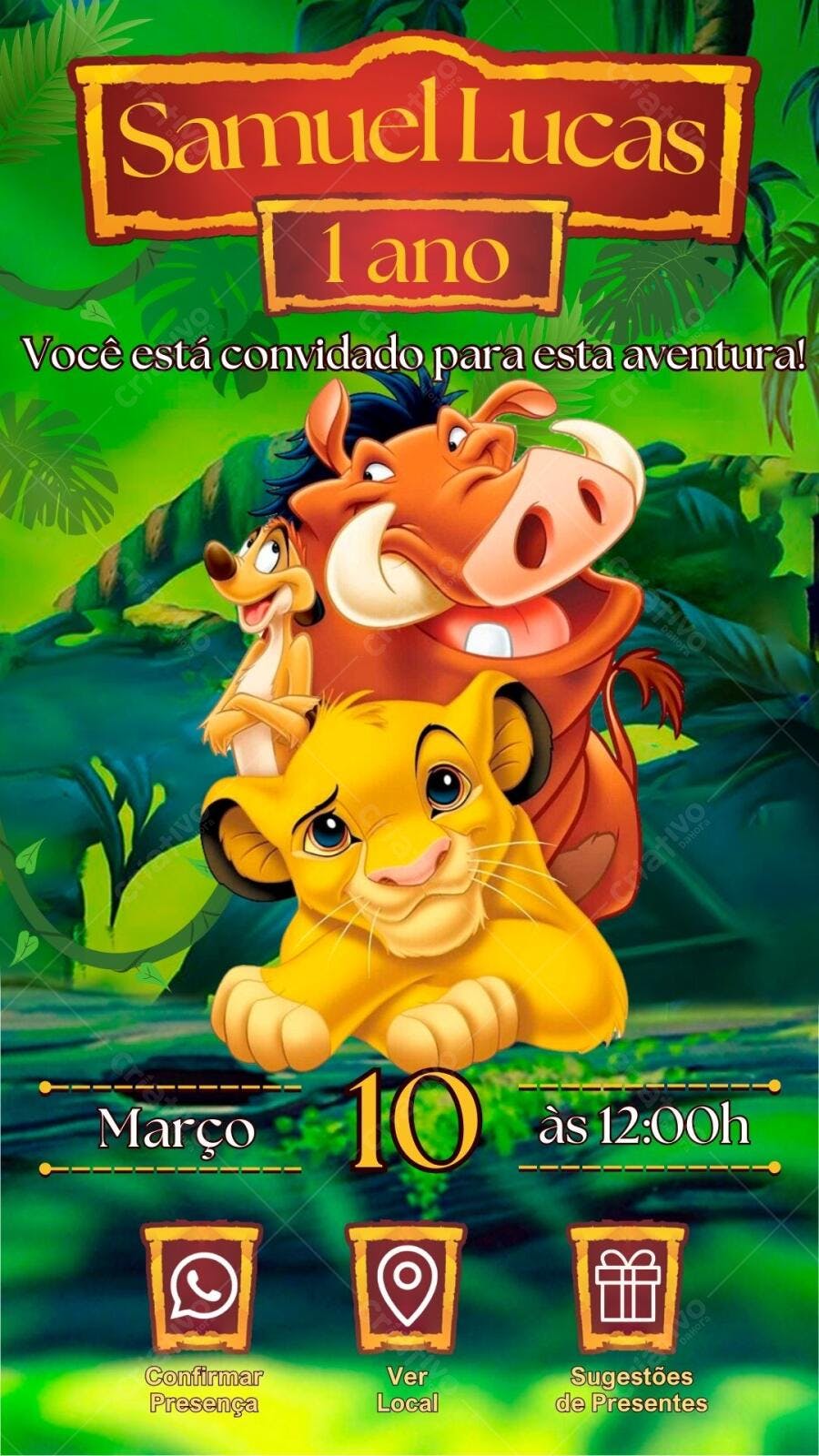 Convite de Aniversário Infantil Tema O Rei Leão Editável no Canva