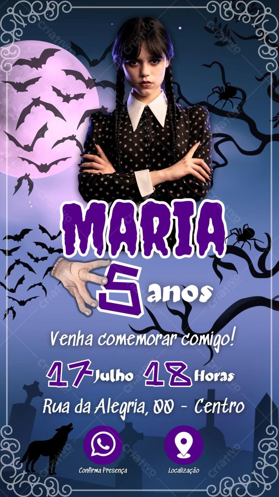 Convite de Aniversário Infantil estilo Wandinha Addams Editável no Canva
