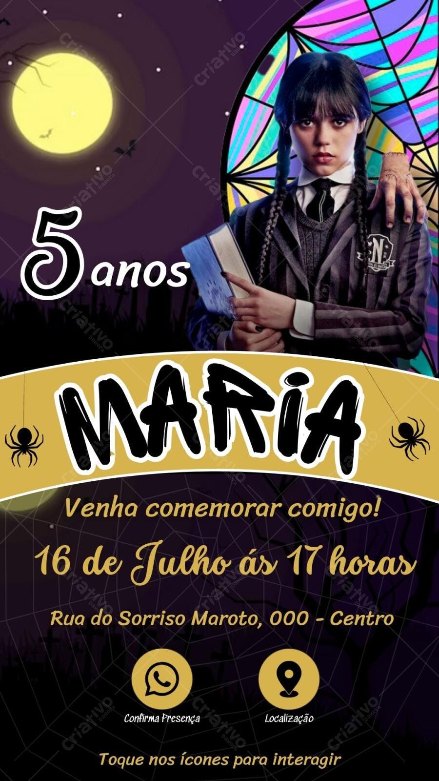 Convite de Aniversário Infantil estilo Wandinha Editável no Canva