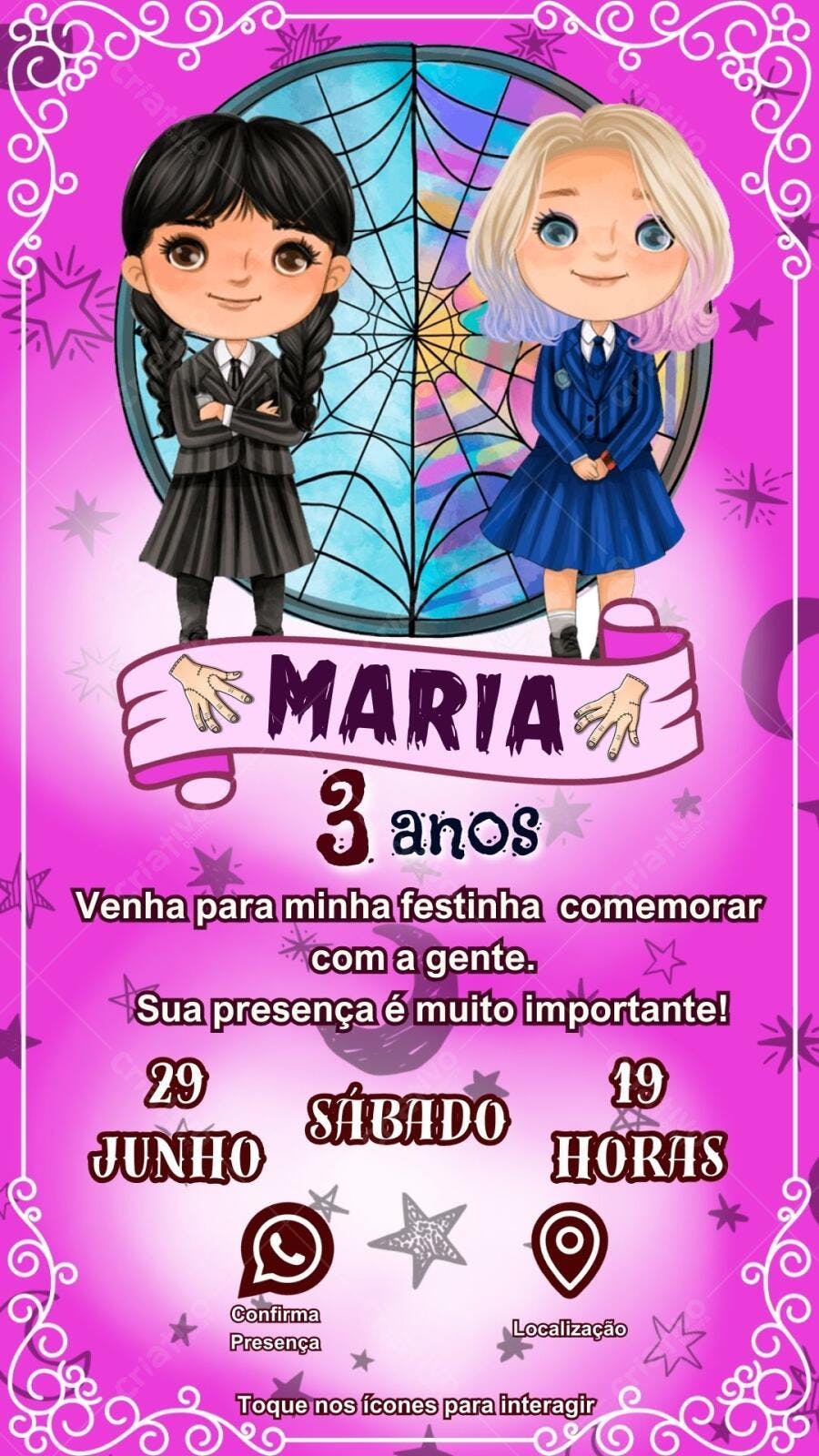 Convite de Aniversário Infantil com tema Wandinha e Enid Editável no Canva