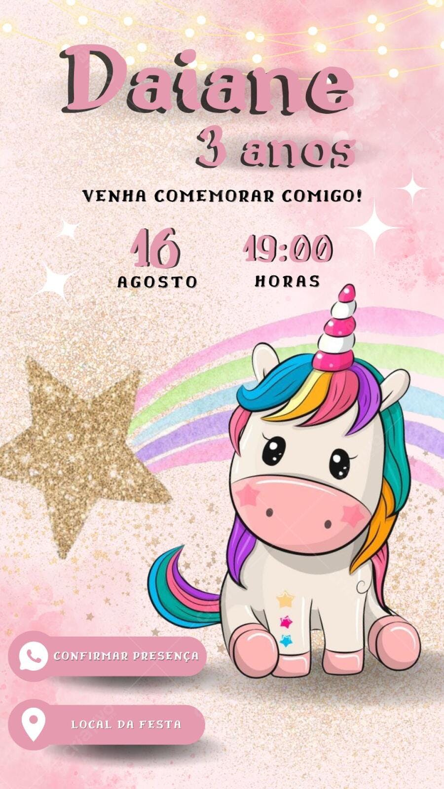 Convite de aniversário infantil Unicórnio Rosa e Dourado Editável no Canva