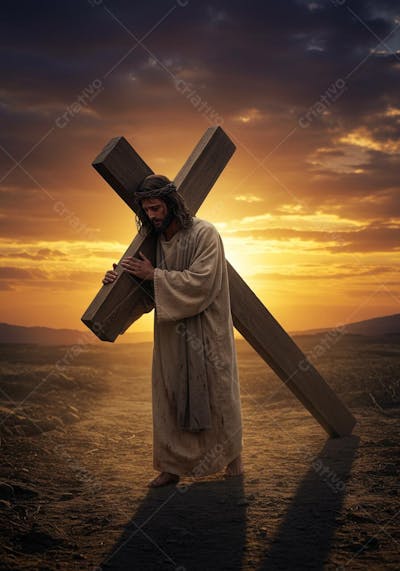 Jesus Cristo Segurando uma cruz de madeira sobre o sol PSD EDITÁVEL